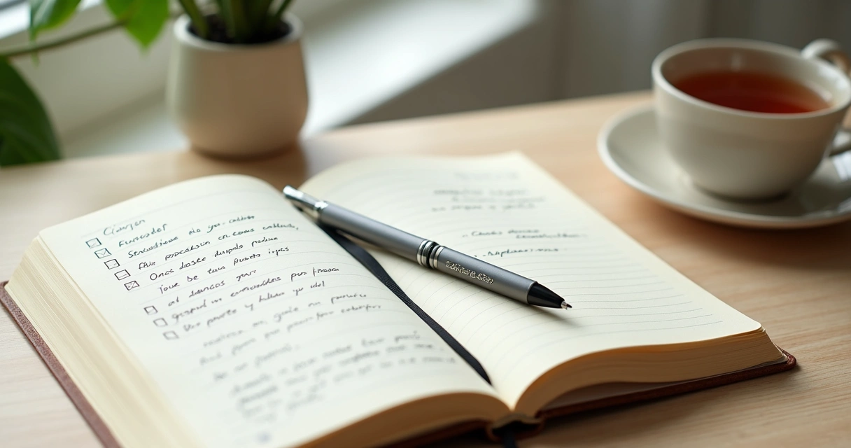 Cuaderno abierto con notas emocionales y una taza junto a la ventana 