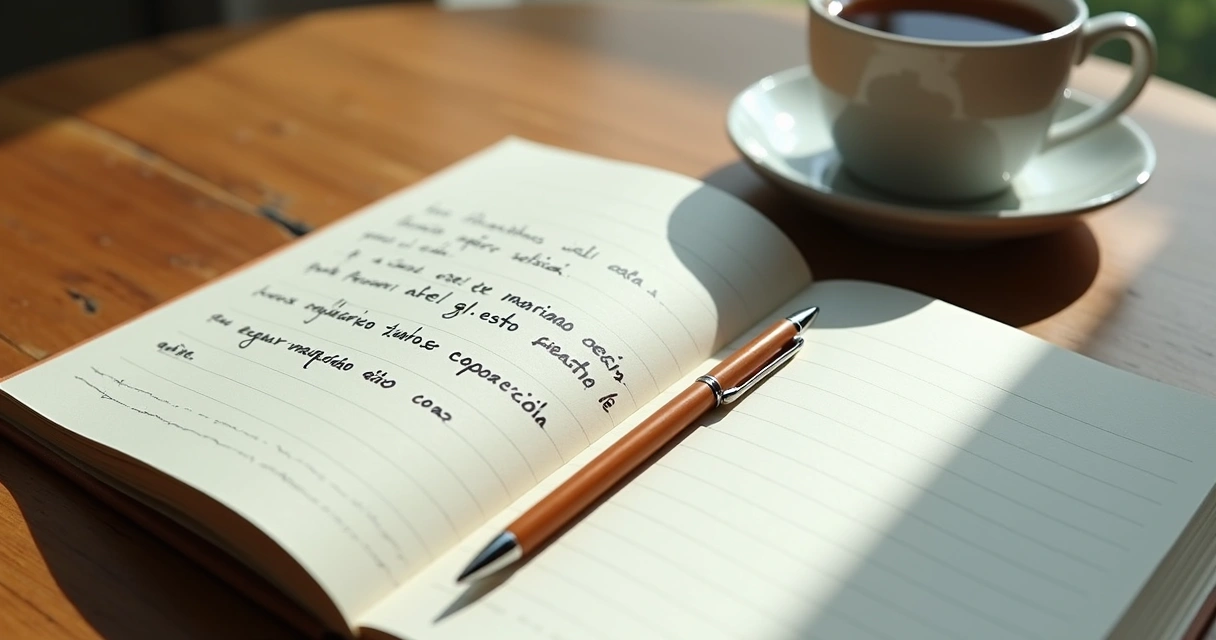 Cuaderno con notas emocionales y taza sobre escritorio 