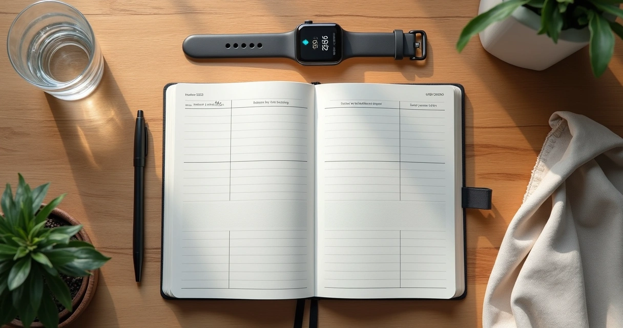 Cuaderno abierto con registro emocional junto a reloj inteligente sobre una mesa 