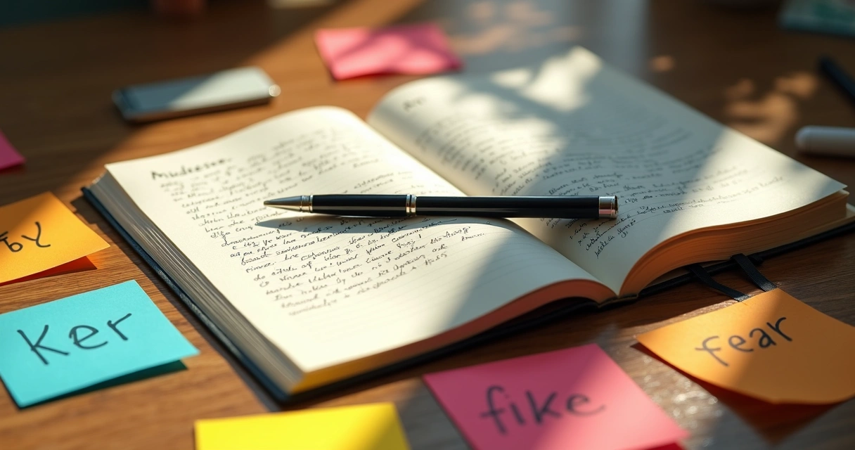 Cuaderno abierto con anotaciones y bolígrafo, rodeado de post-its de emociones 