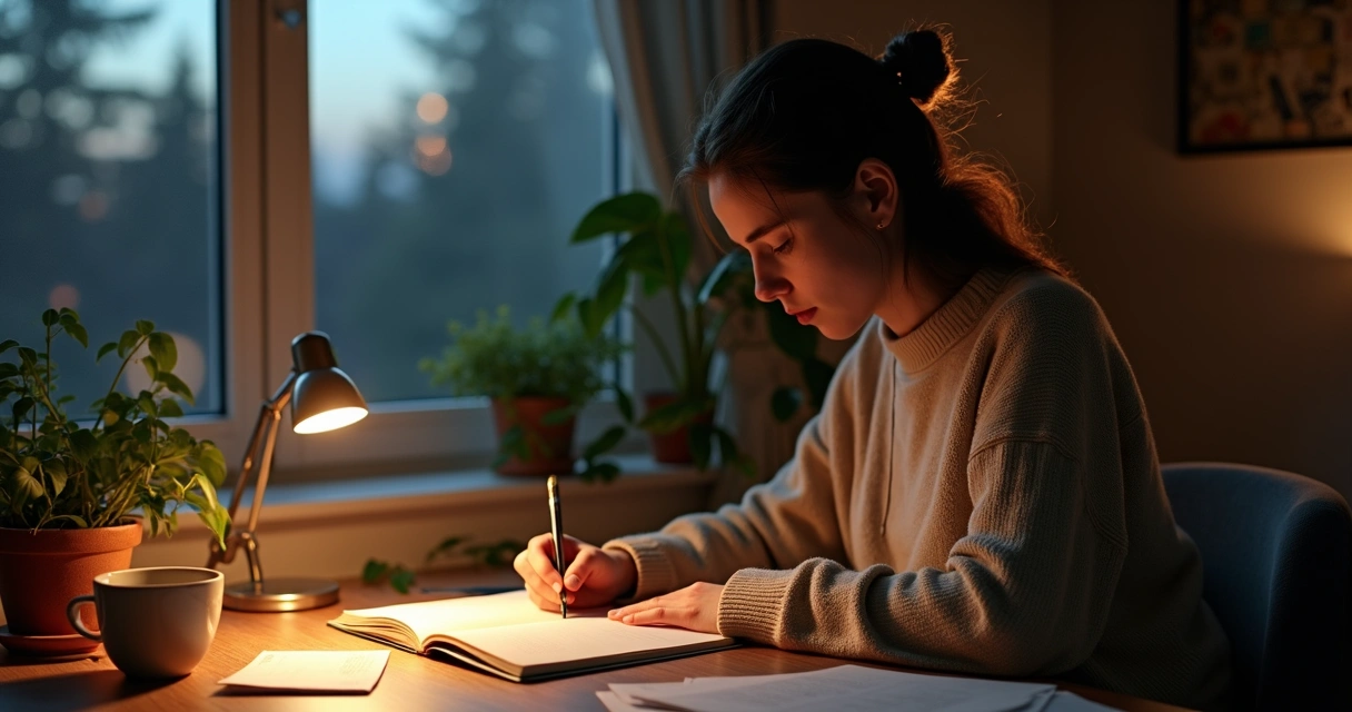 Persona escribiendo en un cuaderno sus emociones del día, en un ambiente tranquilo y acogedor