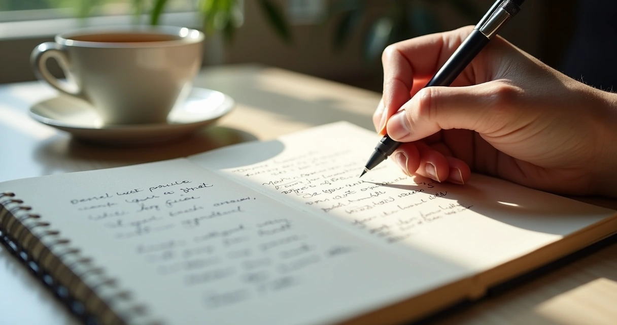 Persona escribiendo emociones en un cuaderno sobre una mesa