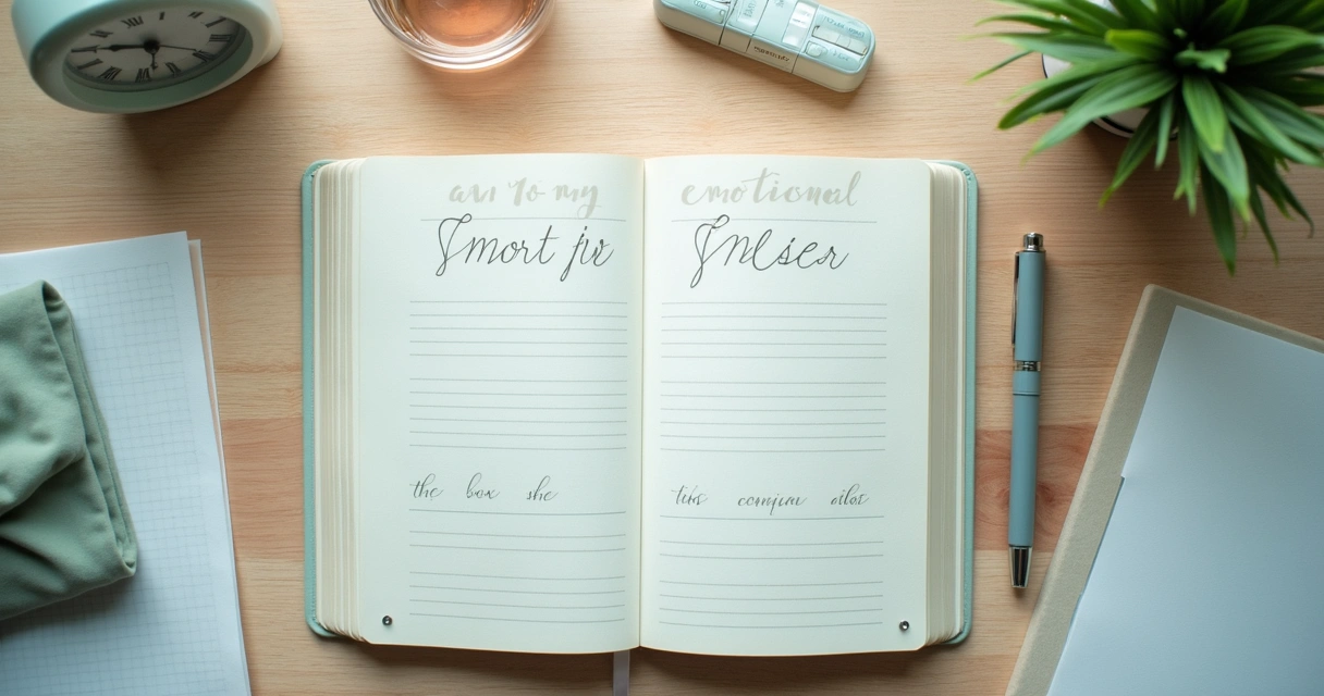 Cuaderno con notas emocionales sobre un escritorio ordenado 
