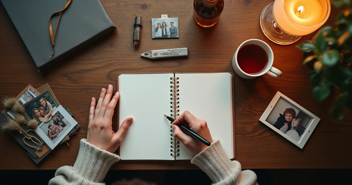 Persona escribiendo en un cuaderno, rodeada de fotos familiares sobre una mesa 