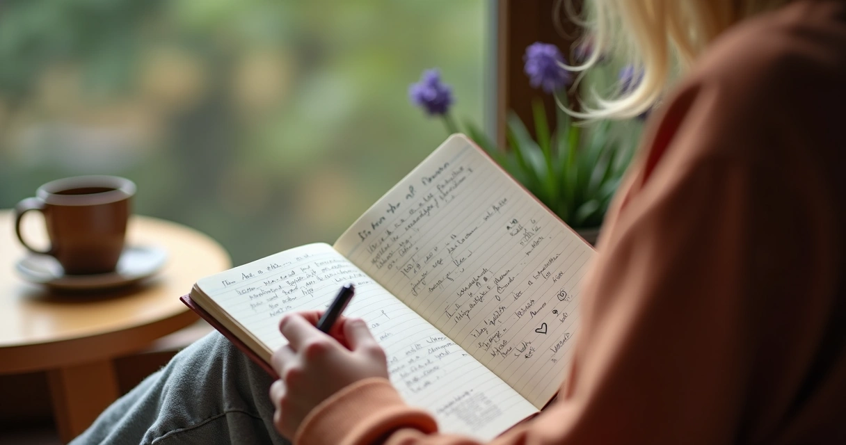 Persona anotando emociones en un cuaderno sentado junto a una ventana 