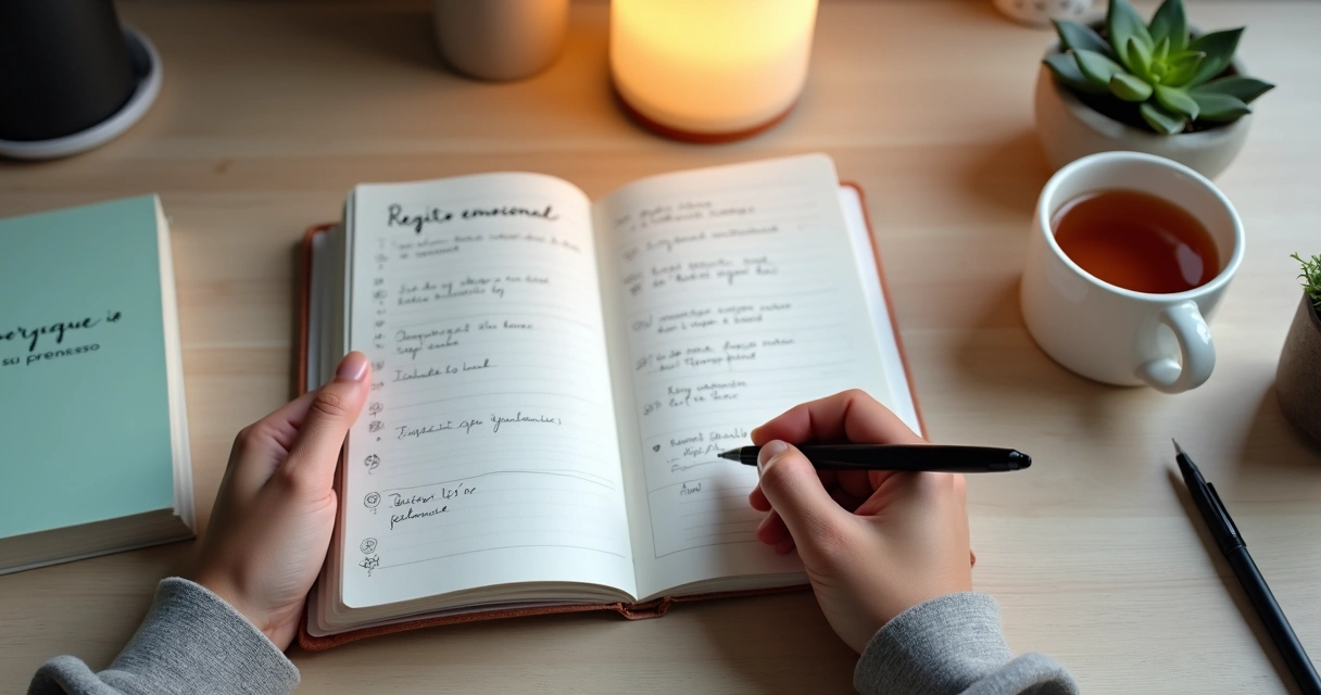 Persona escribiendo un registro emocional semanal en una libreta sobre un escritorio ordenado 