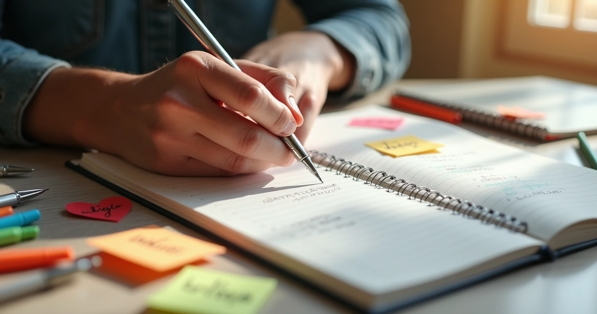 Persona escribiendo emociones en un cuaderno, rodeado de colores y símbolos emocionales