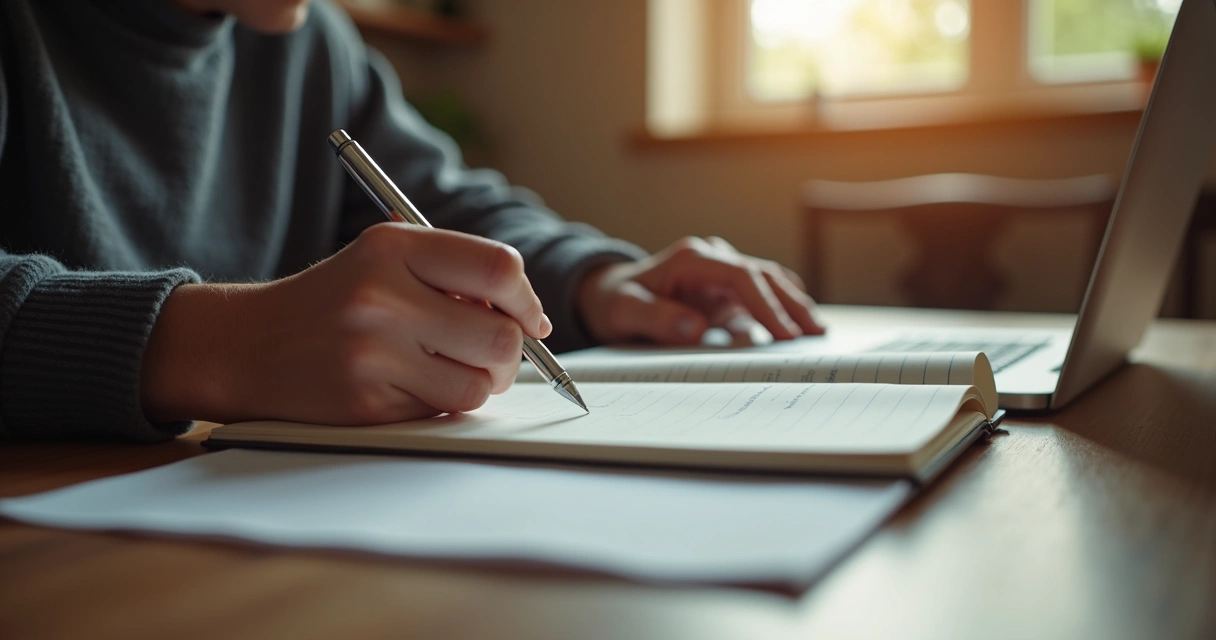 Pessoa escrevendo em um diário, papel, caneta, ambiente calmo, mãos no detalhe 