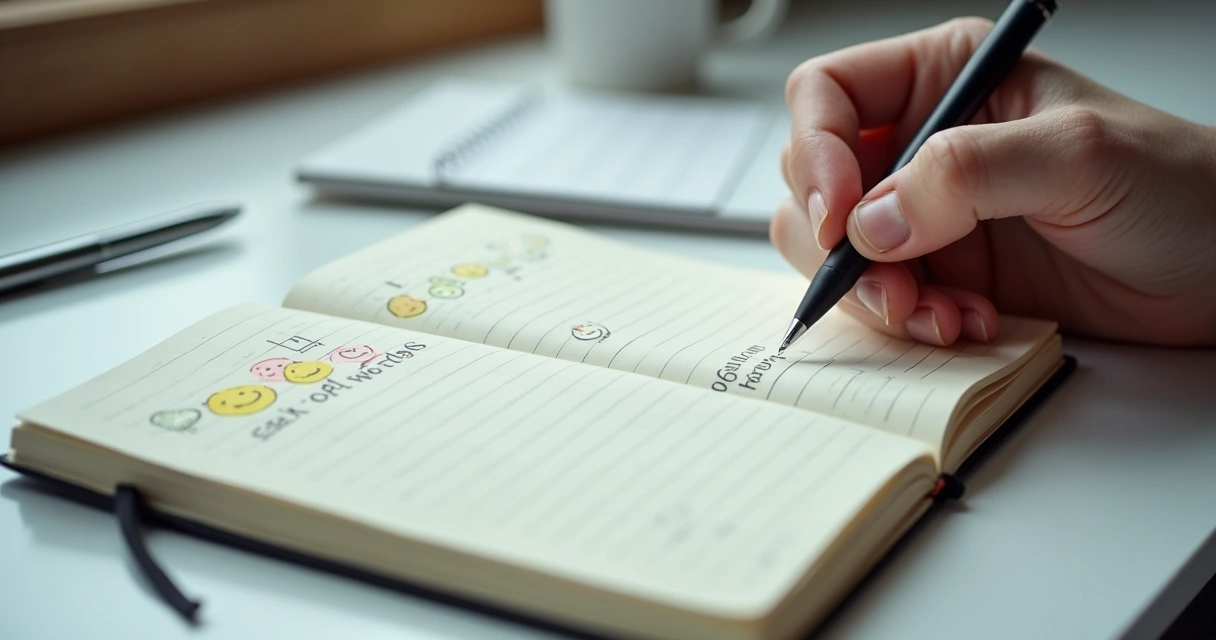 Pessoa escrevendo em caderno com referência visual a gráficos de humor