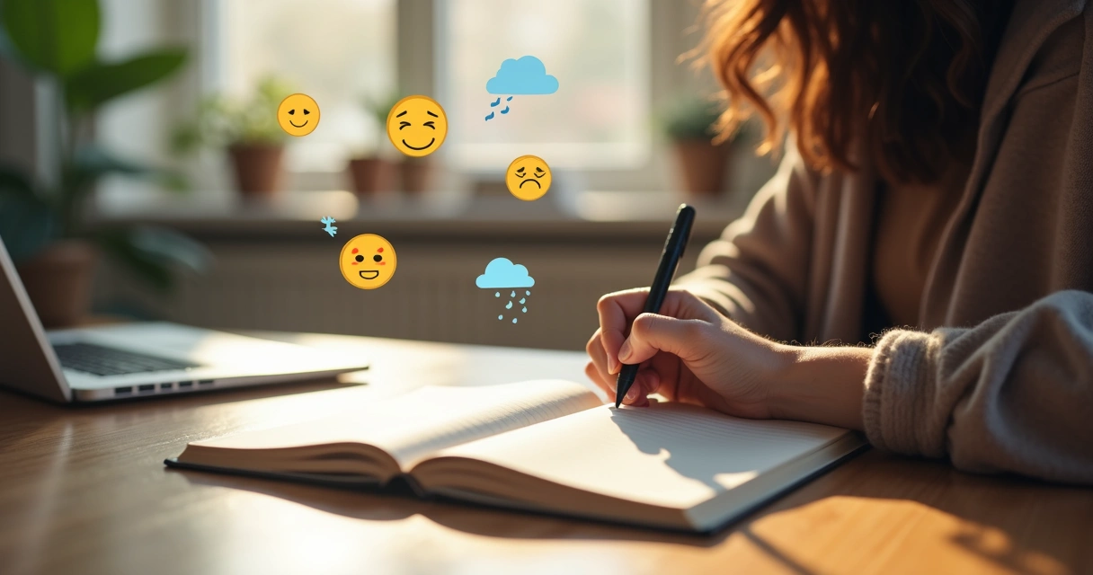 Pessoa escrevendo em caderno com expressões de emoções ao redor 