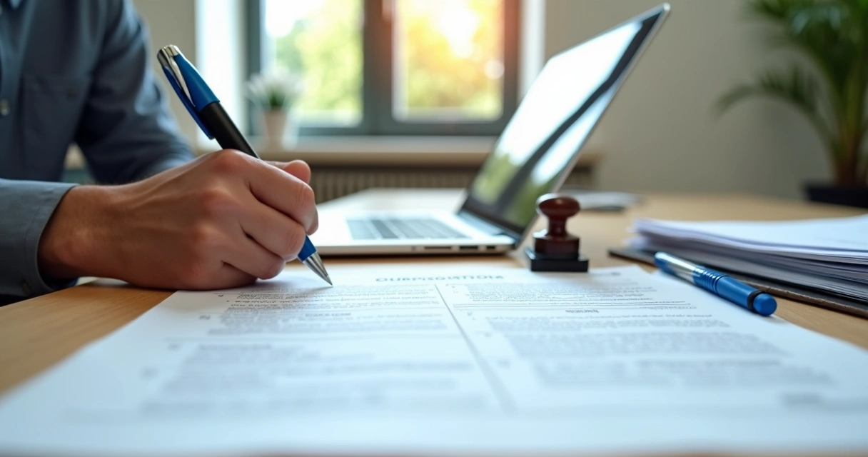 Pessoa assinando documentos de registro de empresa em mesa com computador e carimbo 