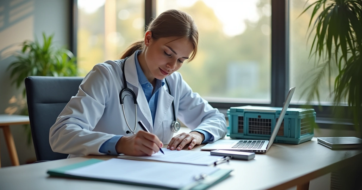 Veterinário preenchendo documentos de registro em escritório com equipamentos de informática 