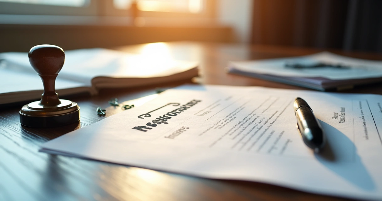 Mesa de escritório com documentos de registro empresarial, caneta e carimbo