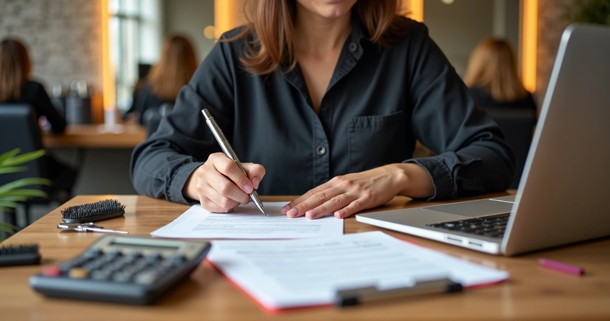 Profissional preenchendo documentos em salão de beleza 
