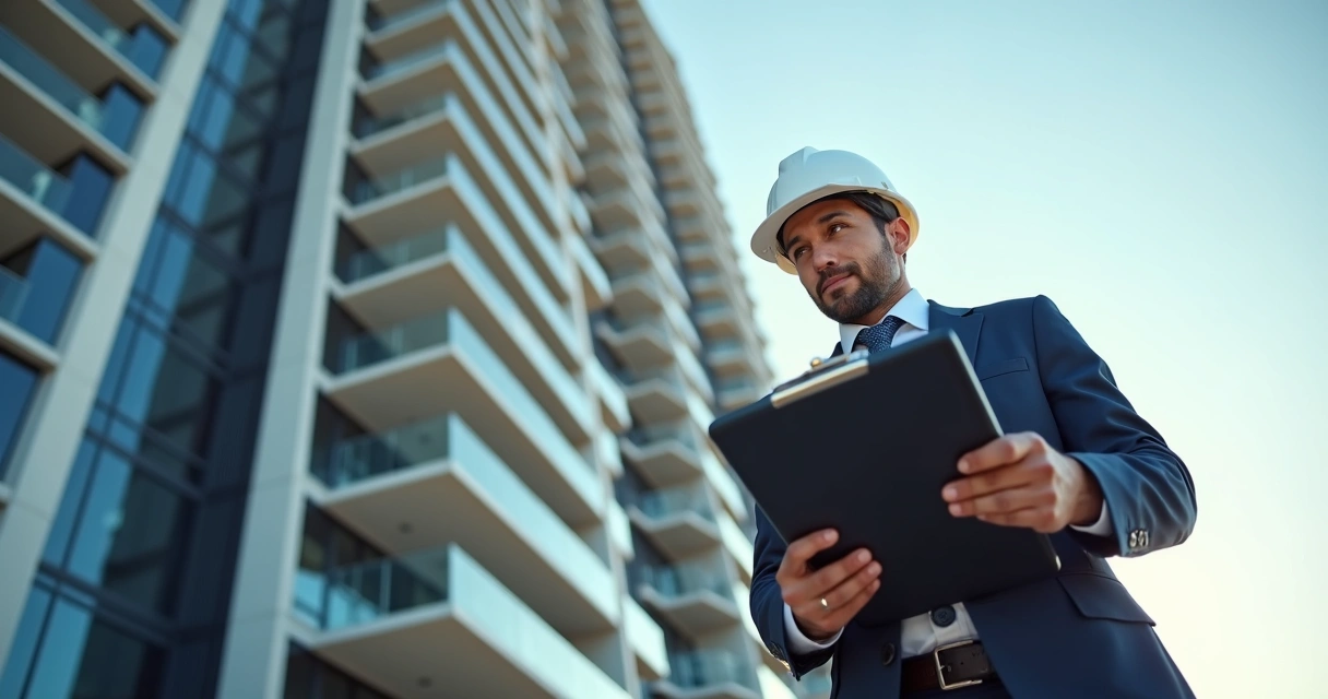 Engenheiro com prancheta e tablet inspecionando fachada de edifício 