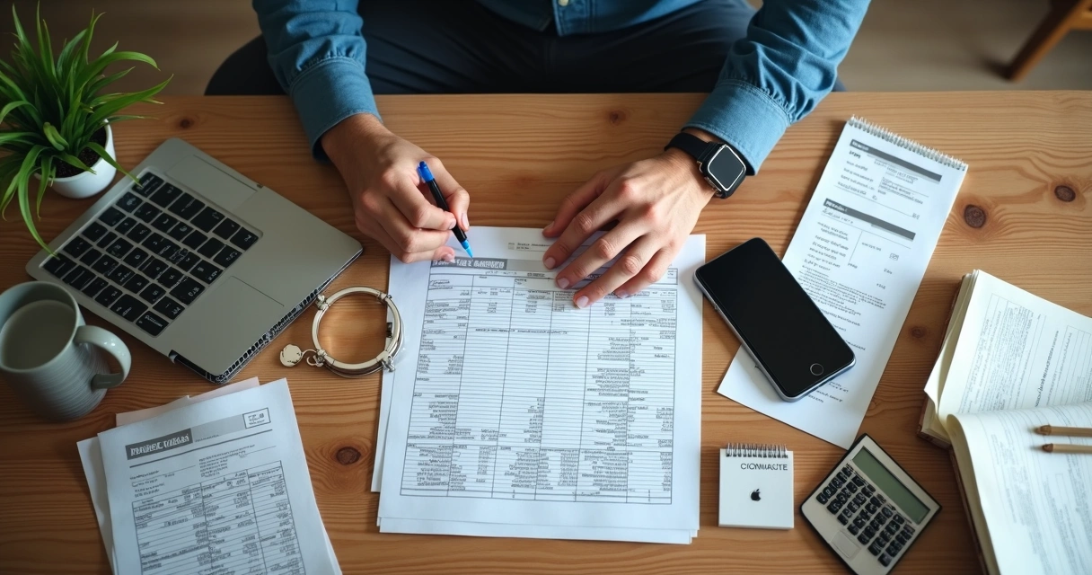 Pessoa escrevendo dados financeiros em planilha simples, com calculadora ao lado 