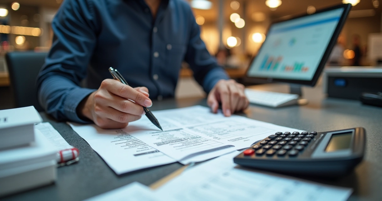 Responsável financeiro preenchendo planilha de fluxo de caixa em loja 