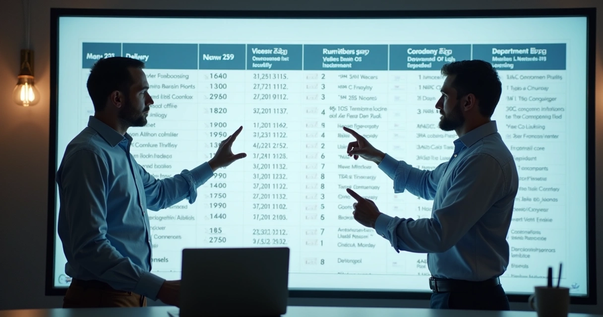Planilha digital aberta, colunas mostrando datas e nomes, gestores analisando juntos 
