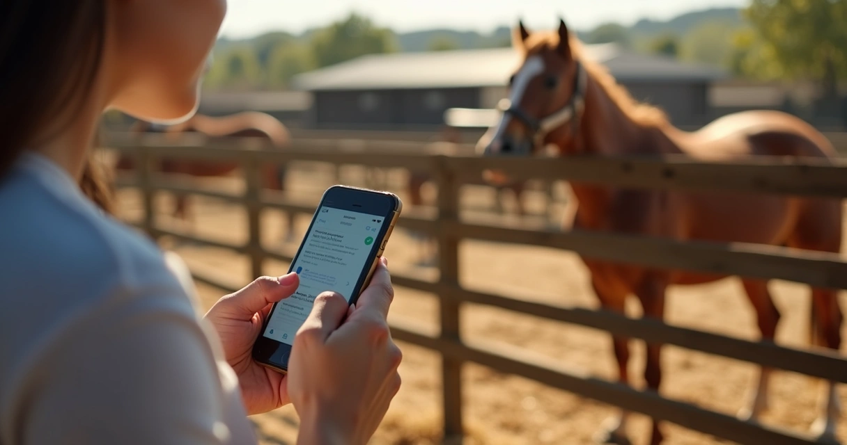 Pessoa usando celular próximo de cavalos em um haras 