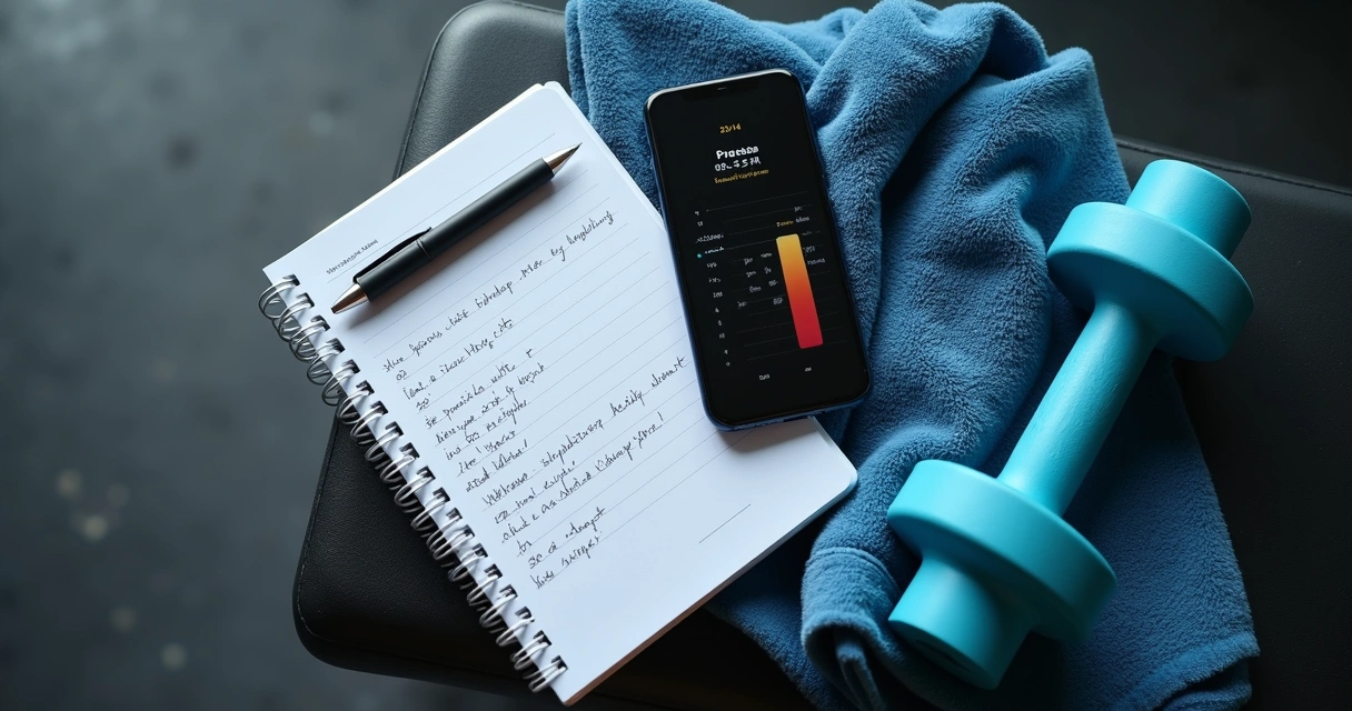 Celular com gráfico de progresso físico ao lado de caderno e halter 