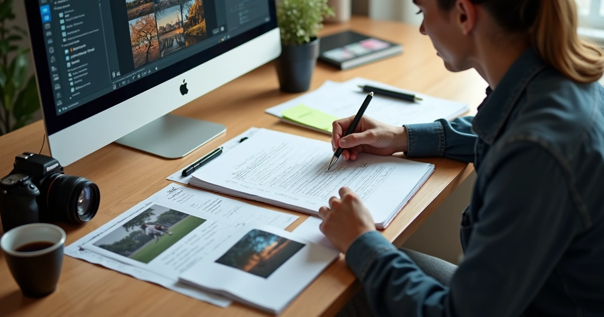 Fotógrafo registrando feedbacks de clientes em computador