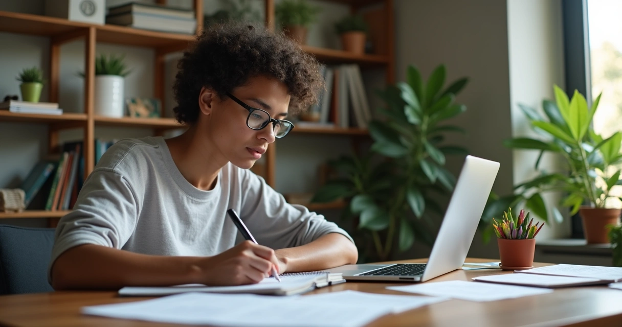 Freelancer anotando movimentações financeiras em caderno e notebook. 
