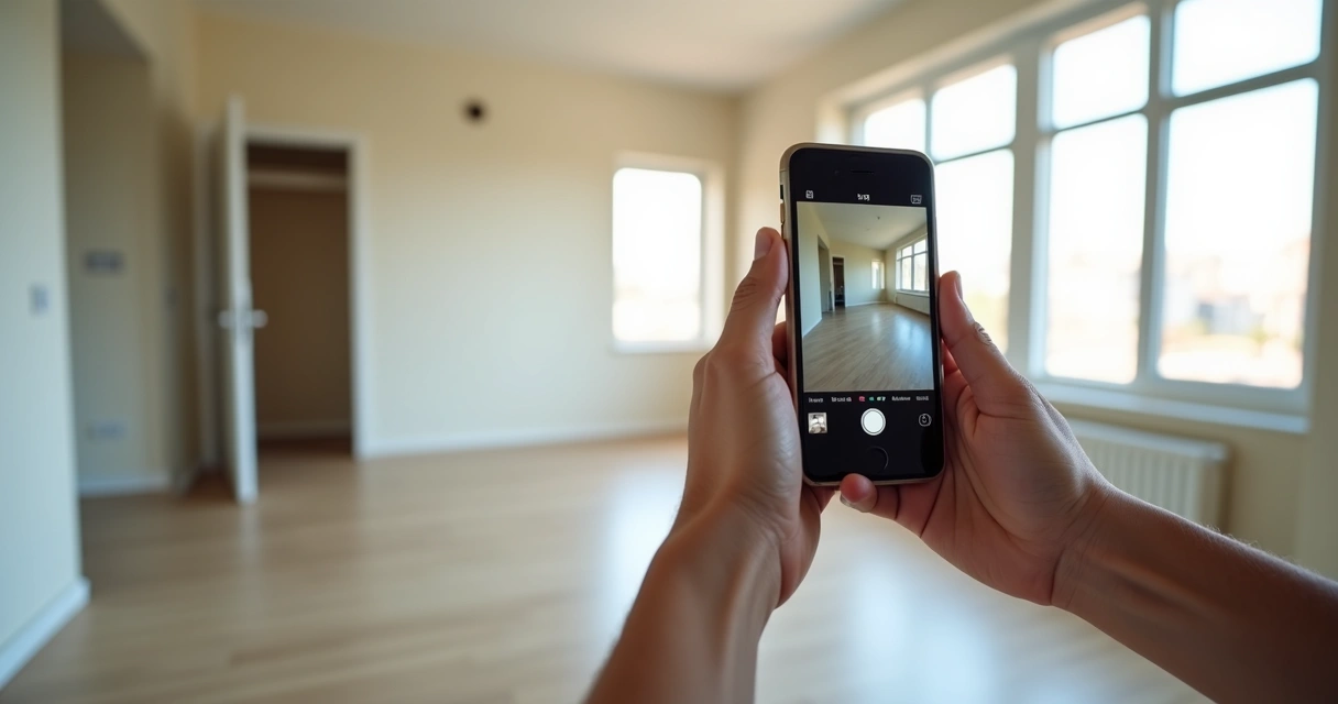 Pessoa usando aplicativo de vistoria em smartphone para fotografar ambiente de imóvel
