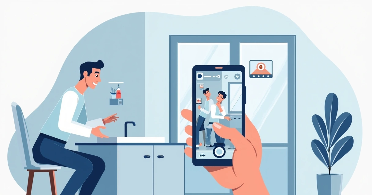 Ilustração de celular registrando fotos e vídeos de defeitos em banheiro e cozinha 
