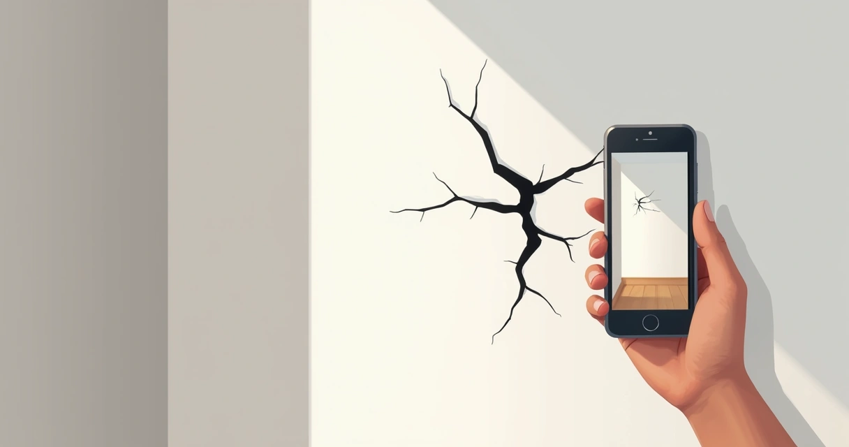 Pessoa fotografando detalhe de parede com rachadura 