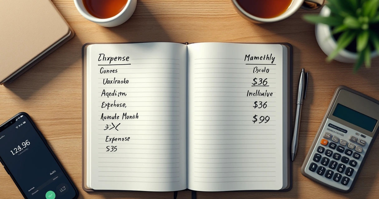 Cuaderno con gastos, calculadora y taza sobre una mesa 