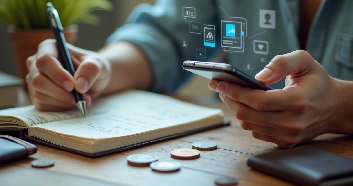 Pessoa registrando gastos no papel e na tela do celular 
