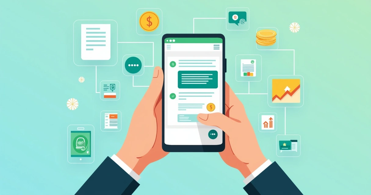 Pessoa registrando gastos no WhatsApp pelo celular, ilustrações de tecnologia e dinheiro ao fundo 