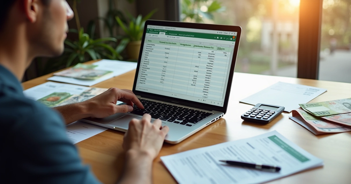Pessoa digitando gastos em planilha ao lado de um extrato bancário e notas de dinheiro 