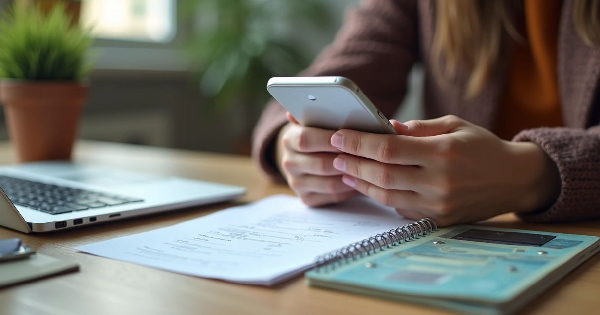 Pessoa usando o celular para registrar gastos de compras, com fotos de recibos, áudios e PDFs à vista na mesa 