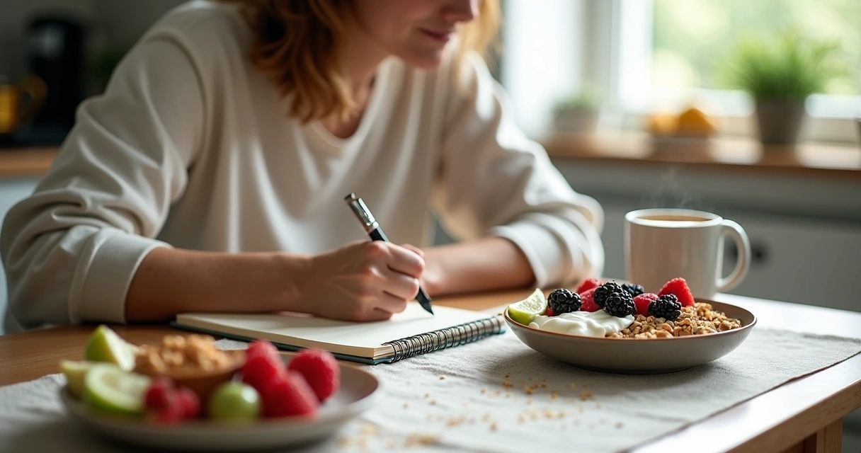 Persona escribiendo hábitos alimentarios junto a desayuno saludable 