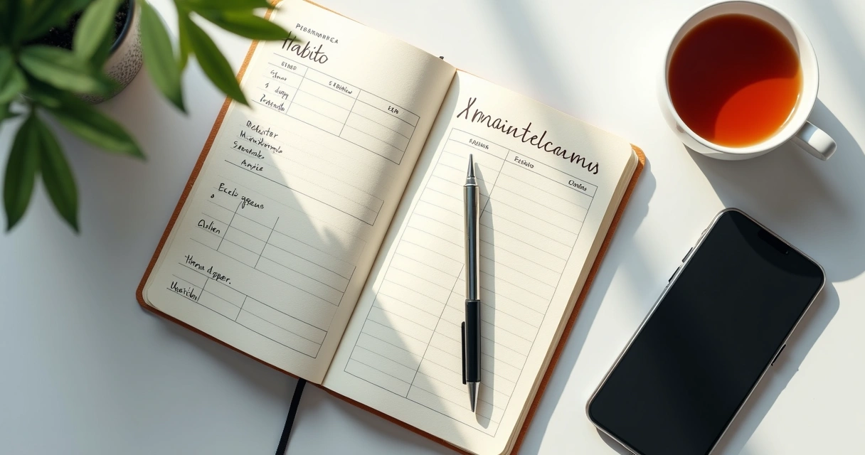 Cuaderno con registro de hábitos y taza sobre escritorio
