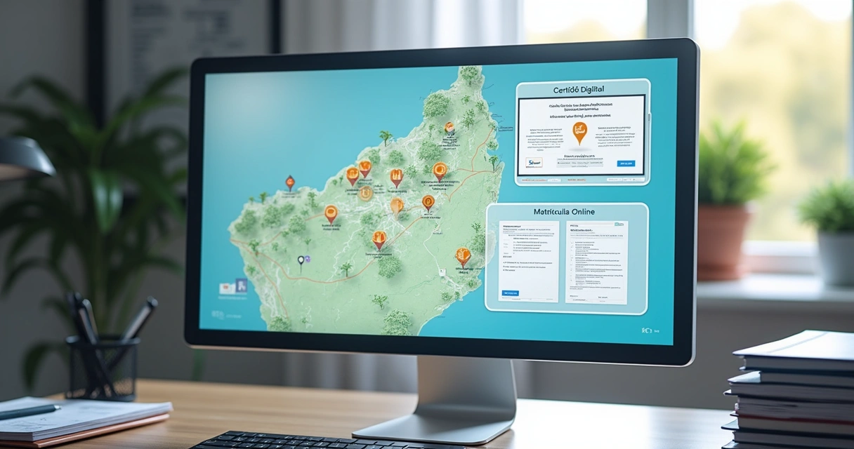 Tela de computador mostrando sistema digital de registro de imóveis com certificados digitais e mapa interativo 