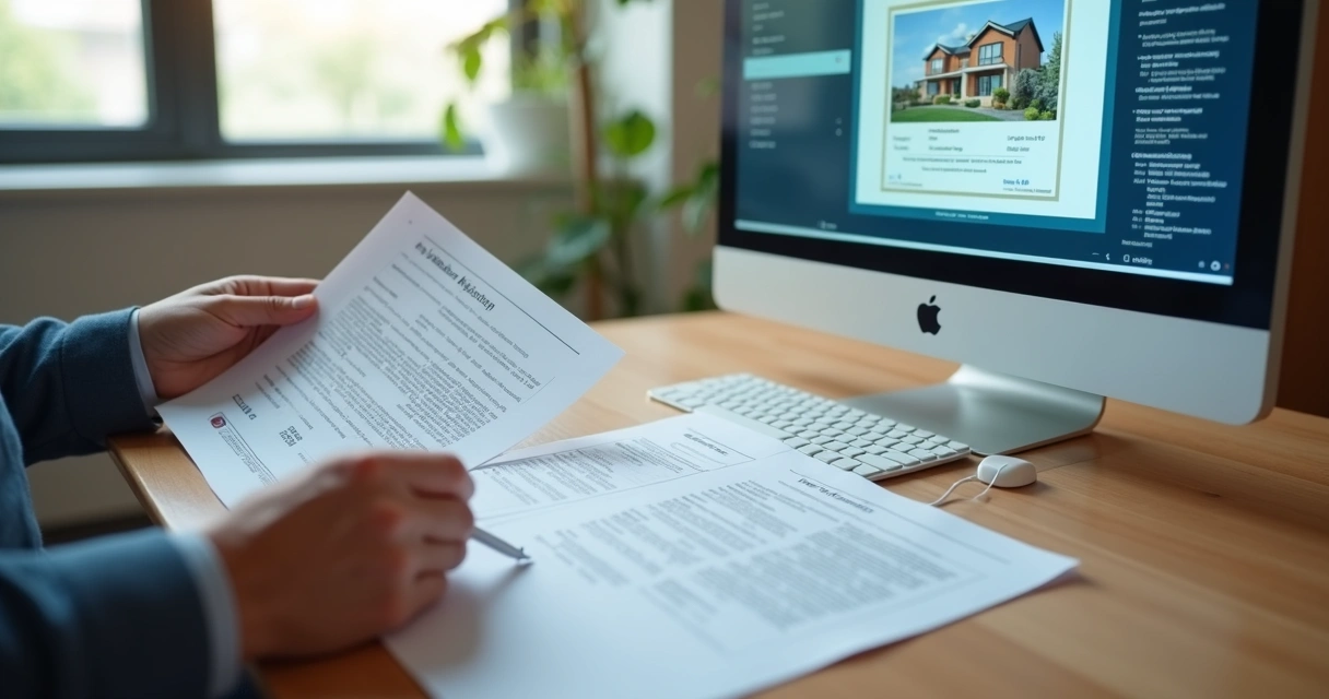 Mãos segurando documentos imobiliários e tela de computador com certidão digital de imóvel 