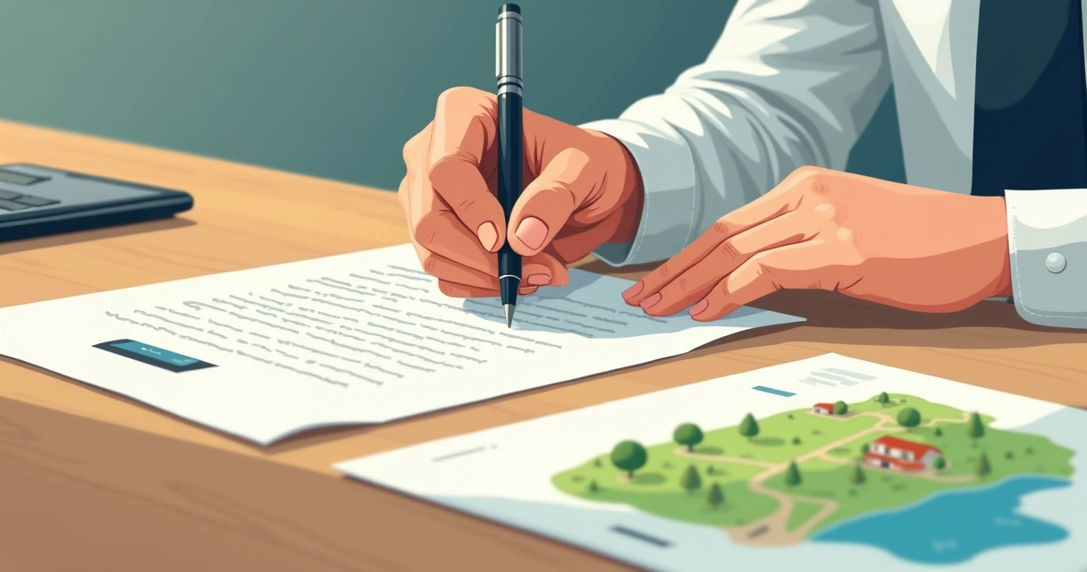 Mão assinando documento de registro de imóvel rural 