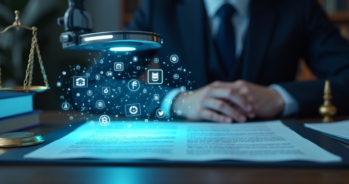Contrato digital sendo registrado em blockchain ao lado de uma balança de Justiça 
