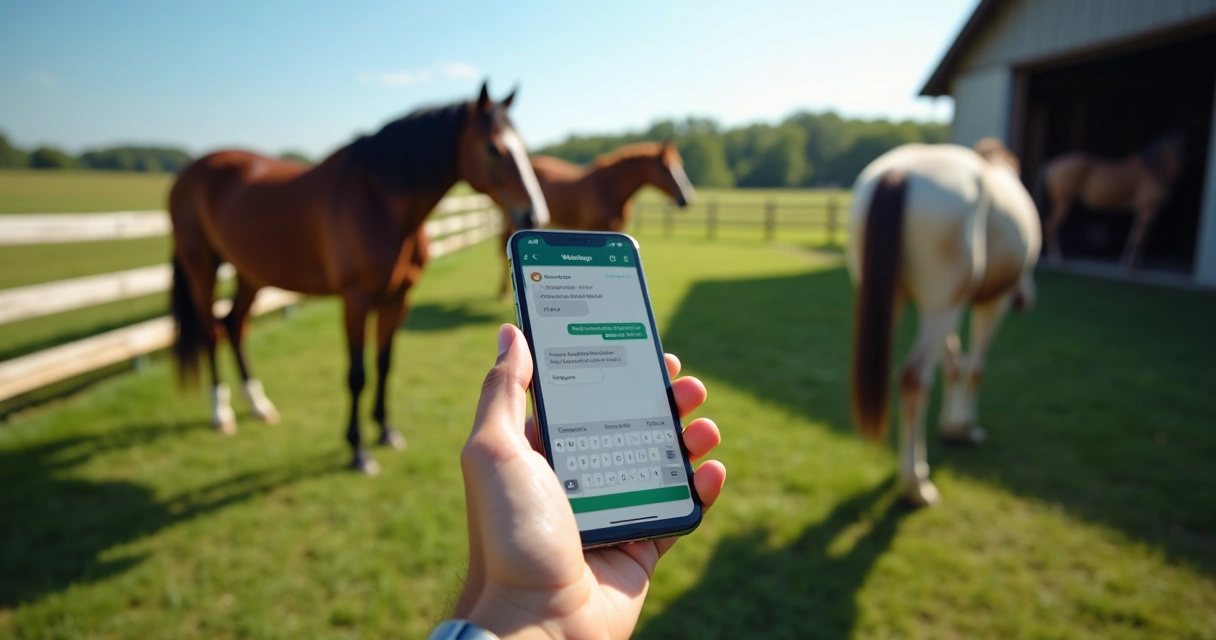 Pessoa usando smartphone para registrar informações de cavalos via WhatsApp em ambiente rural com cavalos ao fundo 