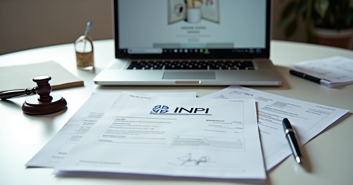 Mesa com documentos de registro de marcas e patentes do INPI