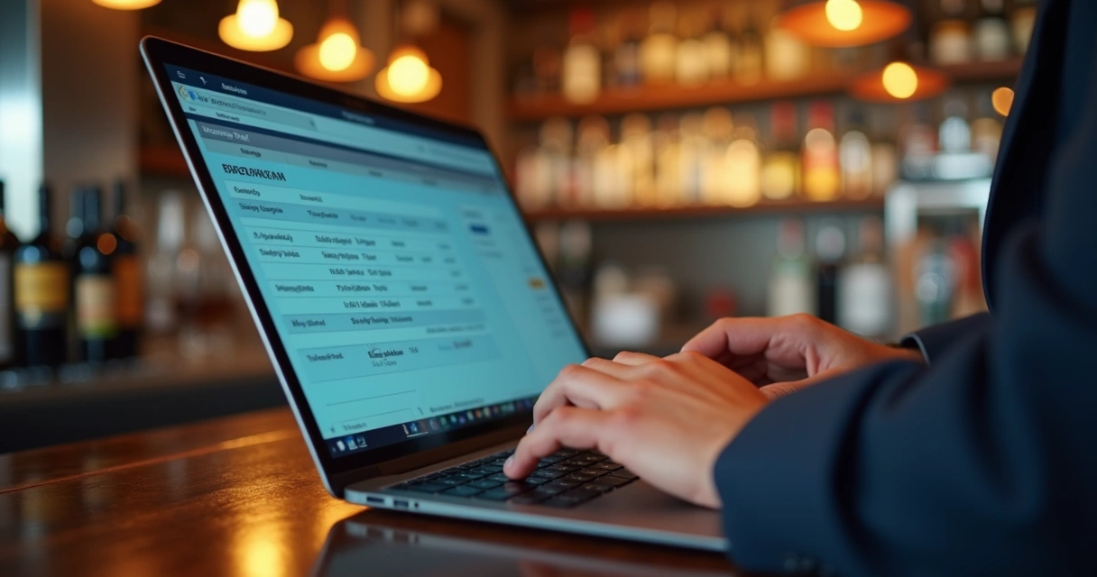 Pessoa digitando inventário de bebidas em notebook sobre balcão com garrafas ao fundo 