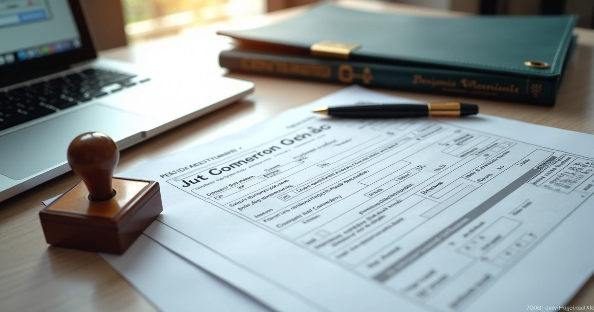 Documentos empresariais e carimbo de registro sobre mesa de escritório 
