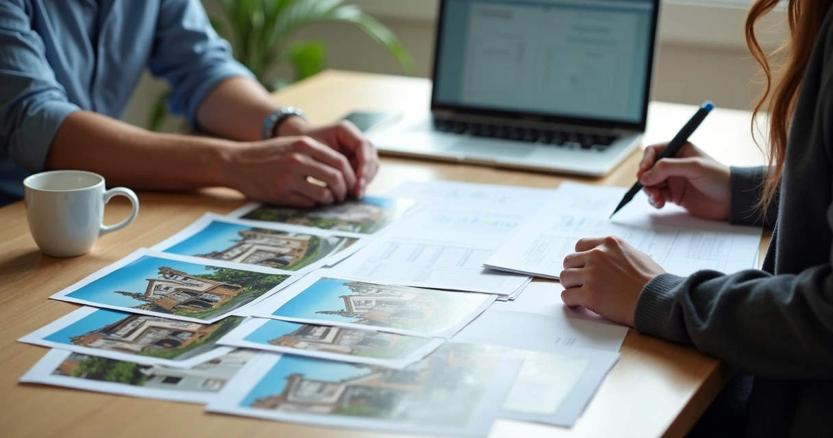 Mesa com fotos impressas da vistoria e notebook aberto com planilha