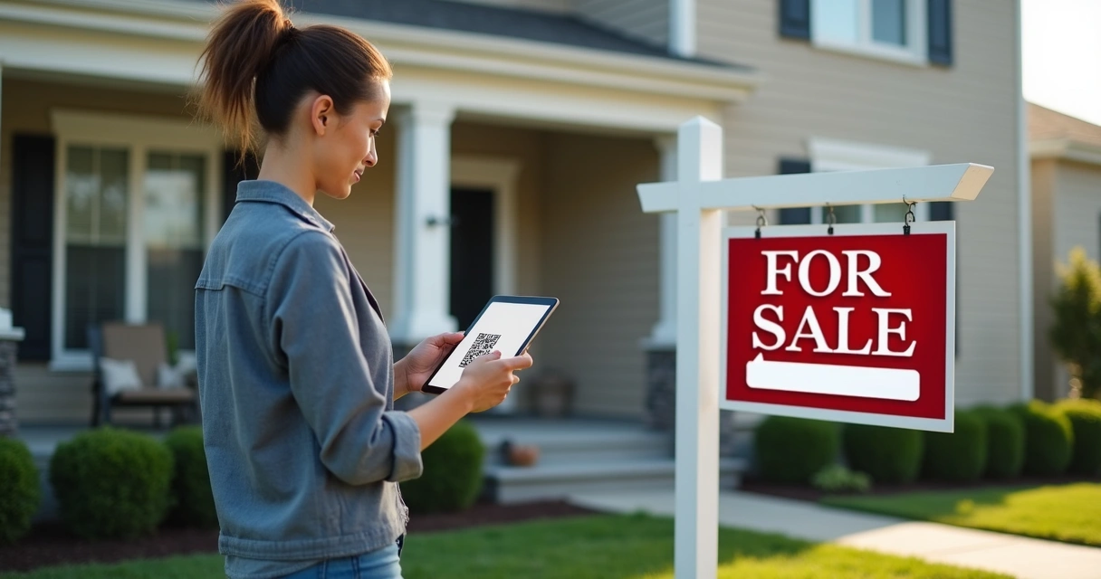 Corretora usando tablet para registrar lead próximo a plaquinha de imóvel à venda