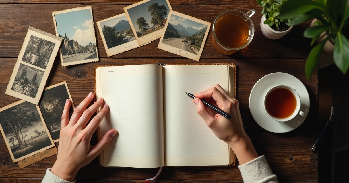 Pessoa escrevendo em diário ao lado de fotos antigas na mesa 