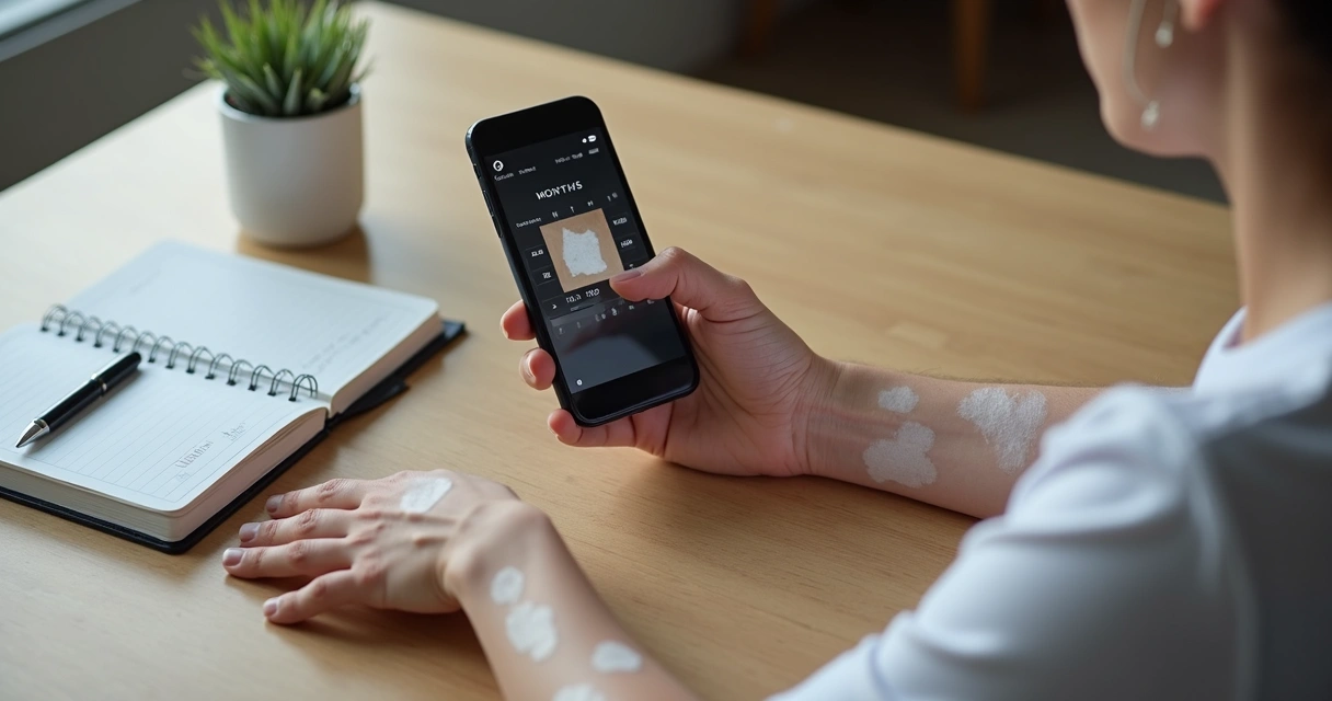 Pessoa com vitiligo comparando fotos antigas e recentes das manchas em celular e tablet 