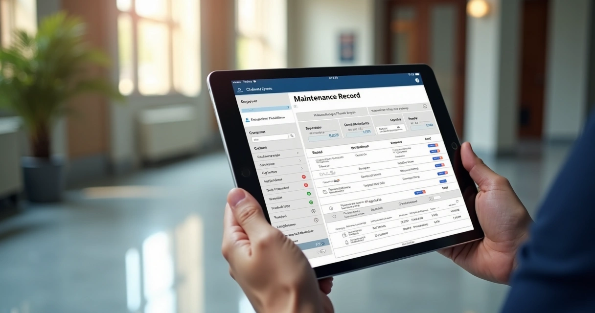 Registro digital de manutenção predial visualizado em tablet 