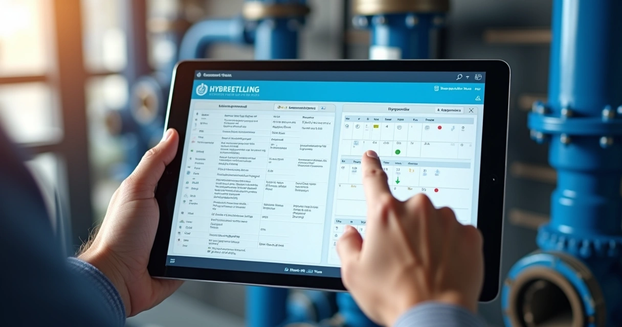 Painel digital mostrando registro de manutenção hidráulica em empreendimento residencial 